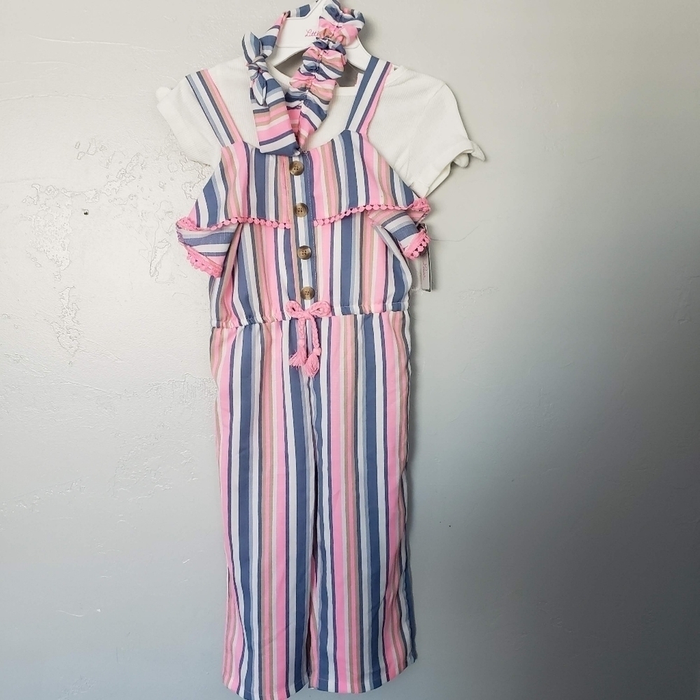 Little Lass NWT Three Piece Outfit Set 5 Jumpsuit Pink Blue White Striped Ruffle